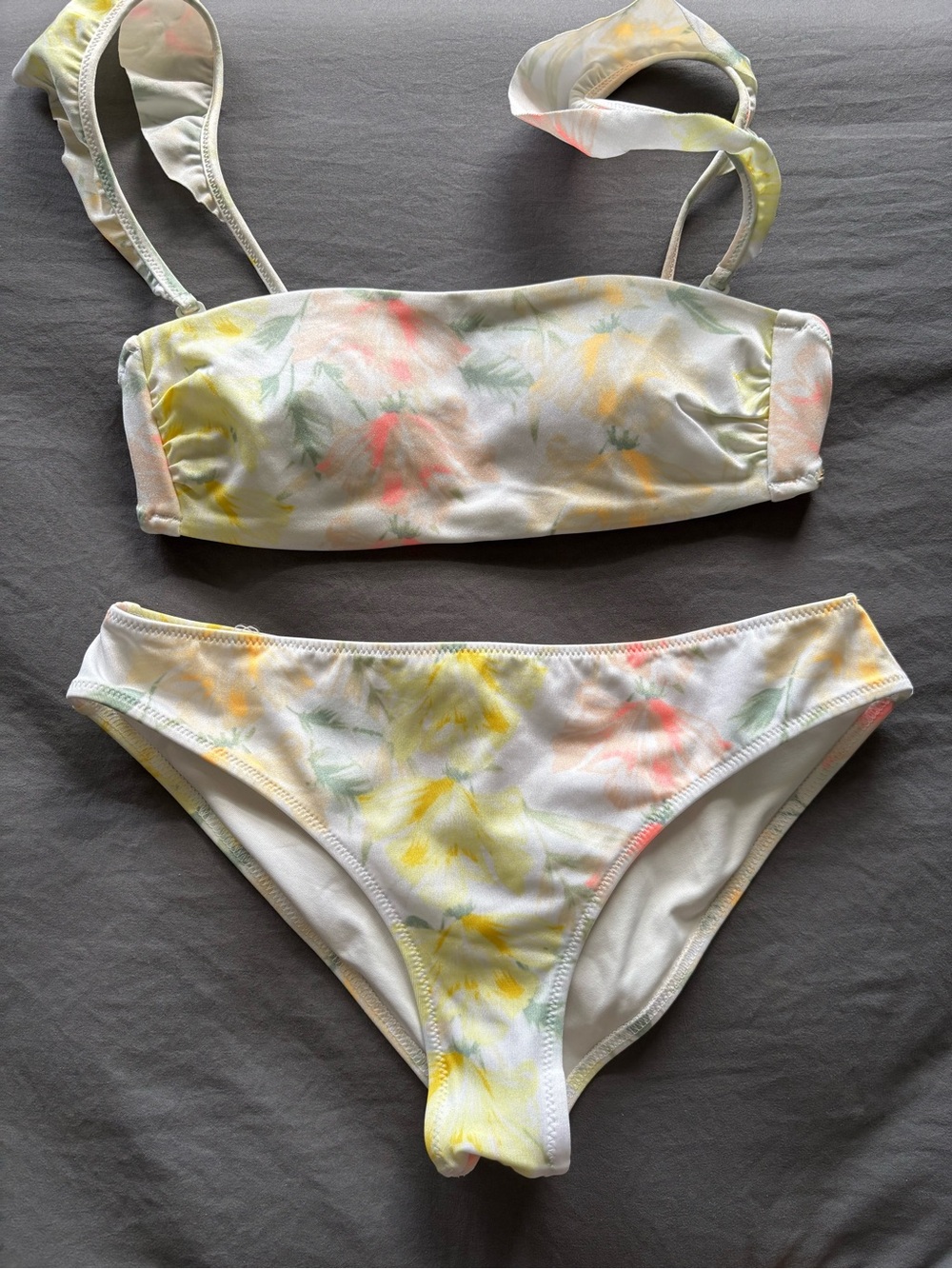 Floral Bandeau Bikini Set in Soft Pastel Yellow & Coral